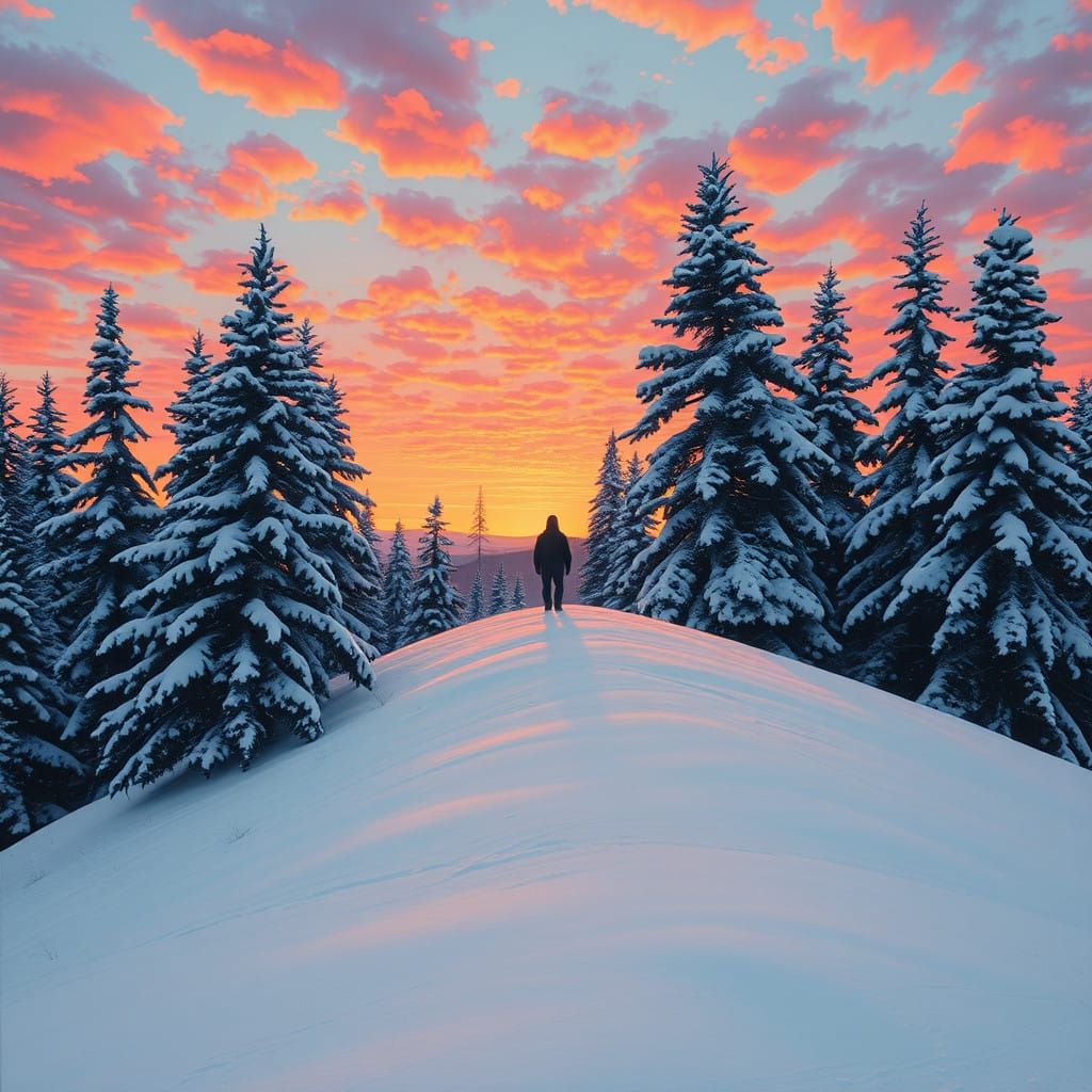 Serene Winter Landscape with Lone Figure at Sunset