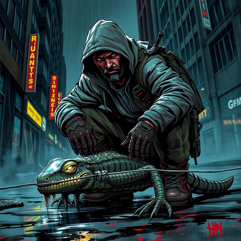 Hunter Captures Lizard Creature in Gritty Cyberpunk Cityscap...