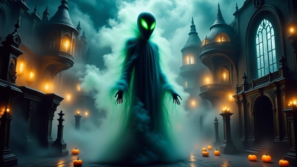 Mysterious Steampunk Figure in Bioluminescent Ritual