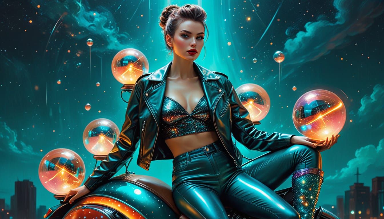 Glamorous Retro-Futurist Pin-Up in Vibrant Oil Painting