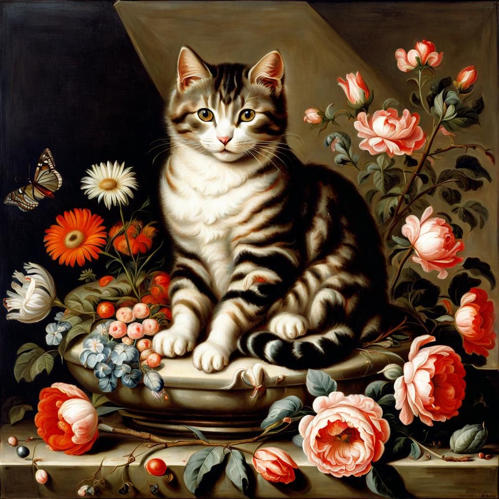 Cute Cat in Floral Still Life, Baroque Style