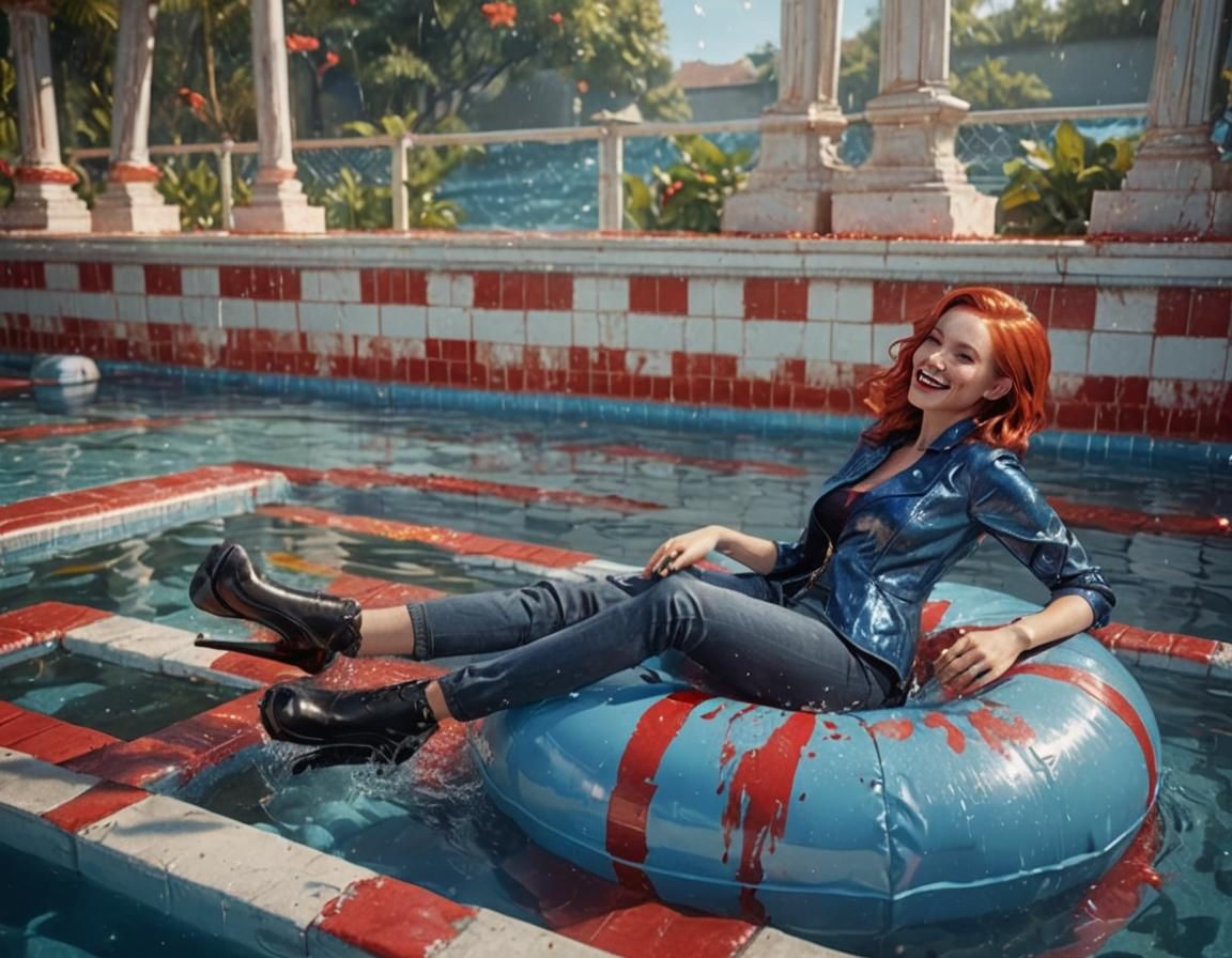 Glamorous Woman on Float in Wet Blue Outfit