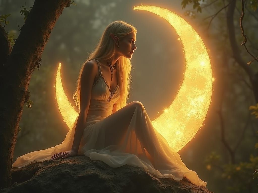elf princess sitting on a mystical golden moon