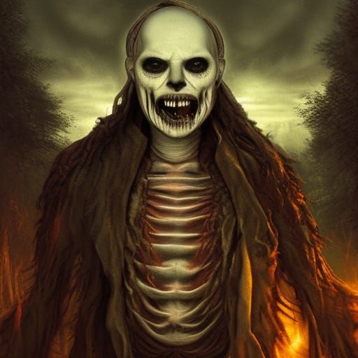 Creepy Samhain Figure Screaming in Dark Warehouse