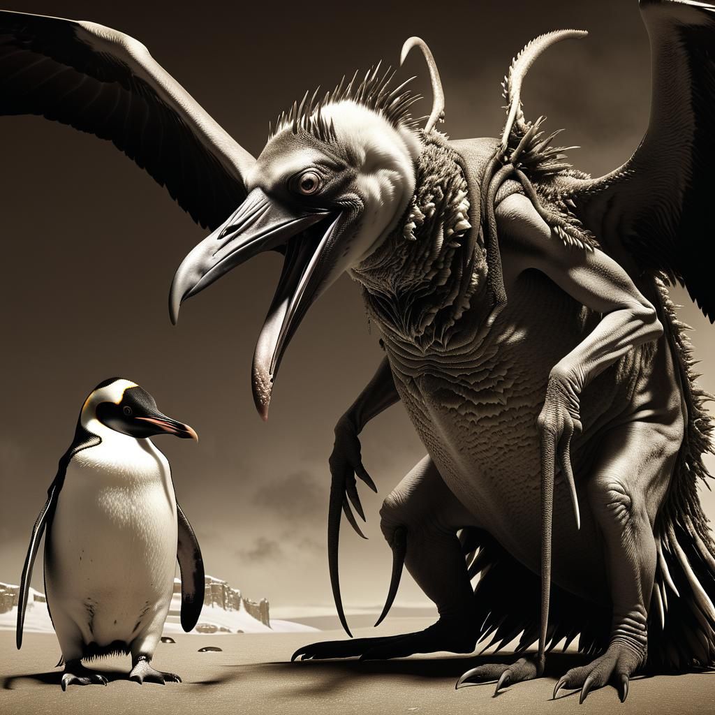 Grotesque Daemon and Penguin in Sepia Horror