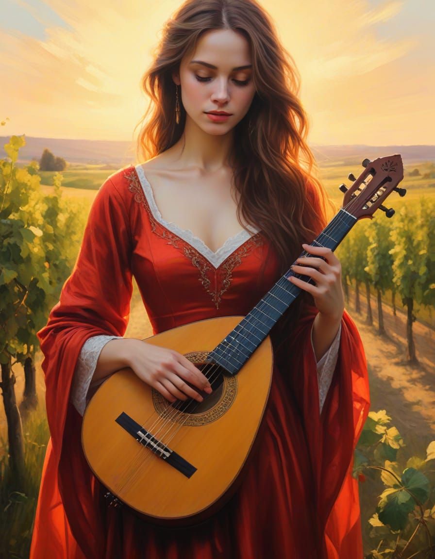 Medieval Woman with Lute: Oil on Canvas Portrait