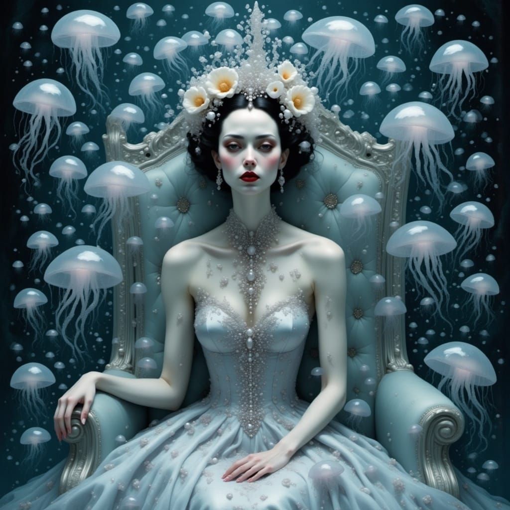Regal Jellyfish Queen on Throne in Ethereal Style