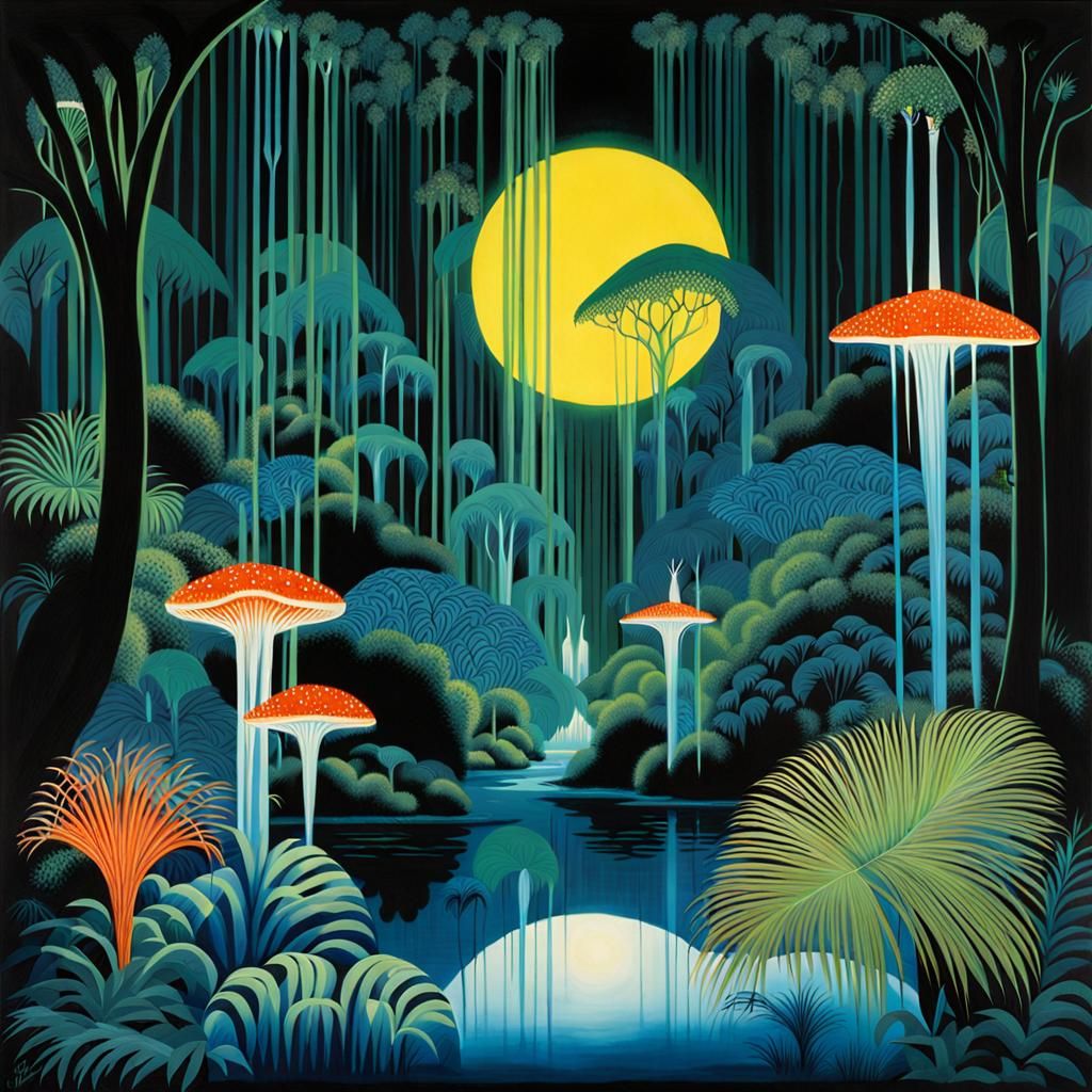Bioluminescent Rainforest Night in Art Deco Style