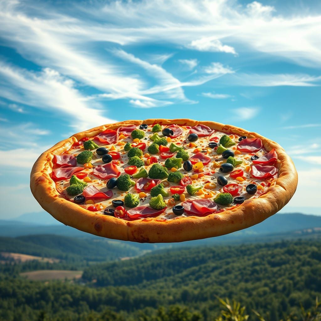 Epic Floating Pizza in Vibrant, Photorealistic Style