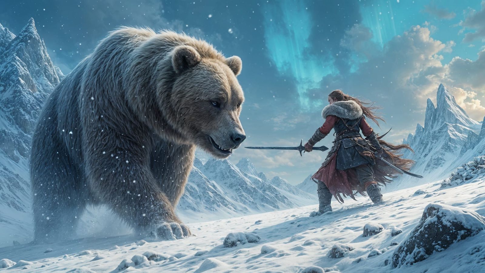 Viking Warrior Engages Bear-Like Beast in Snowy Fantasy Batt...