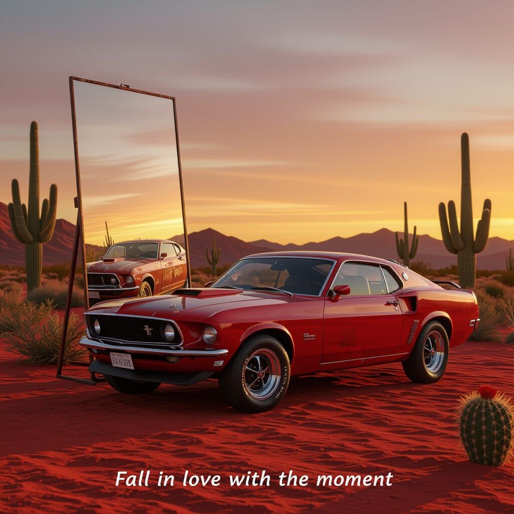 Gleaming Red 1969 Mustang Reflected in Desert Mirror