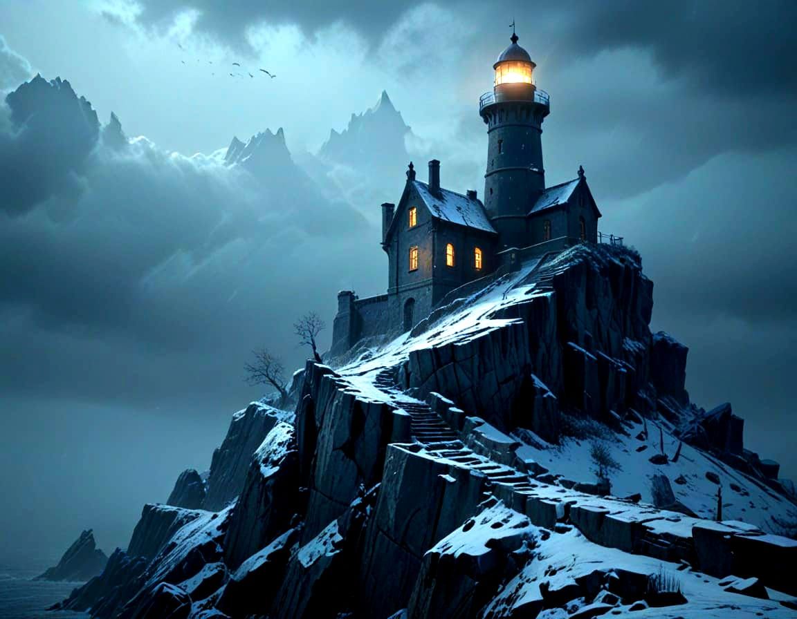 Gothic Lighthouse on Snowy Winter Night
