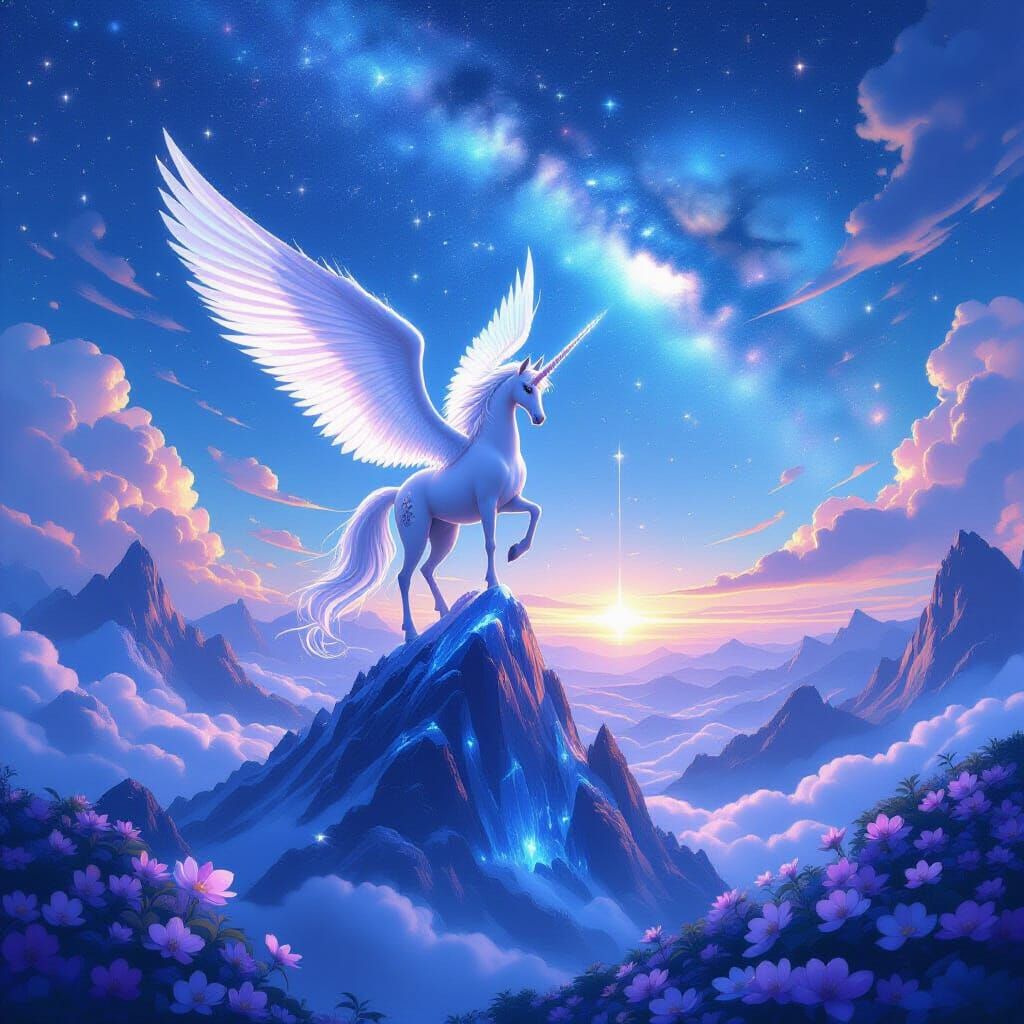 Alicorn on Crystal Mountain in Anime Style