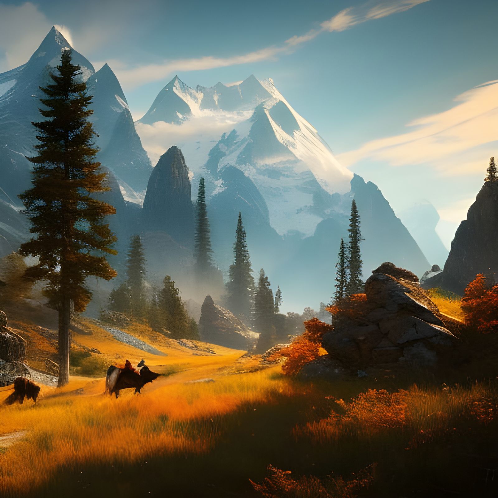 Mountain Refuge: Hyperdetailed Digital Art in Triadic Colors