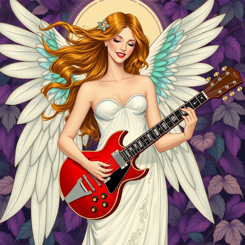 Smiling Angel Plays Guitar in Art Nouveau Style