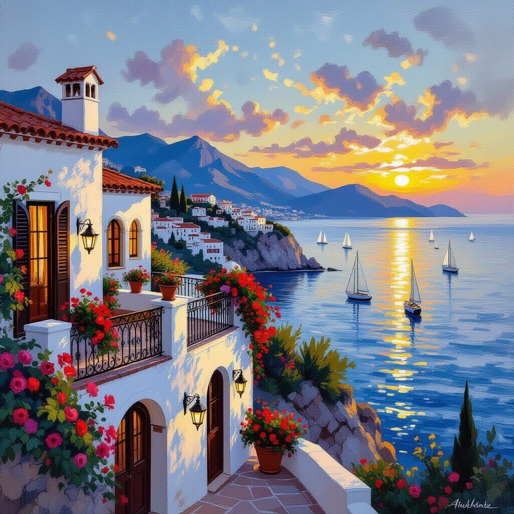 Mediterranean Villa at Golden Hour, Impressionistic Style