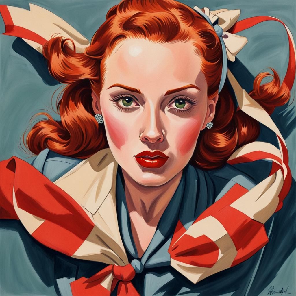 Redhead Pin-Up in 1940s Gouache Painting