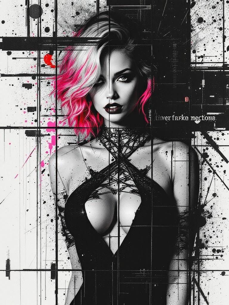 Pin-Up Woman with Pink Hair in Abstract Geometric Style