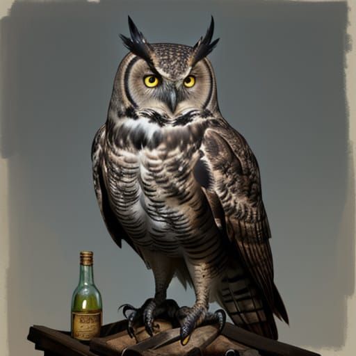 Dark Fantasy Owl With Bourbon Bottle