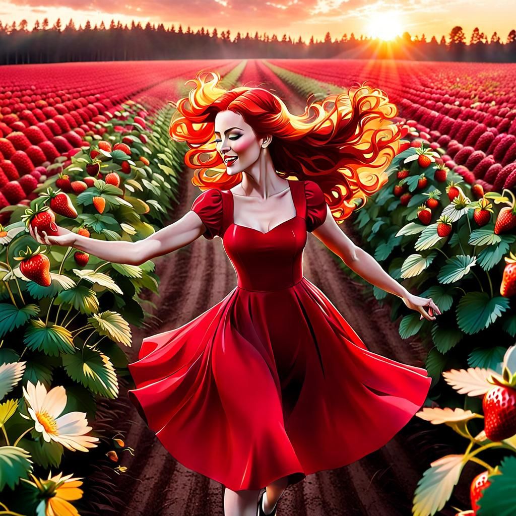 Red-Haired Woman Dancing in Strawberry Field Sunset