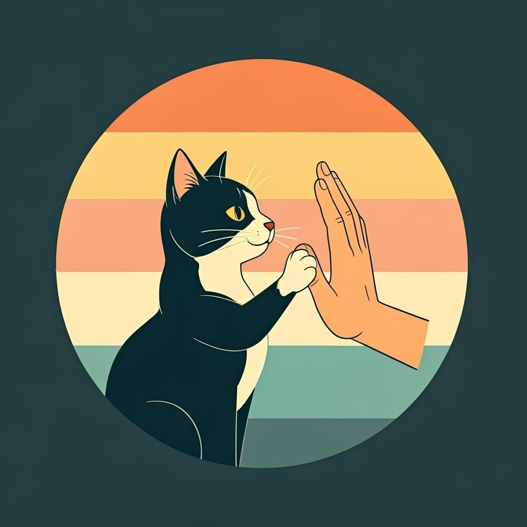 Vintage-Style Cartoon Hand Gives High-Five to Cat in Retro I...
