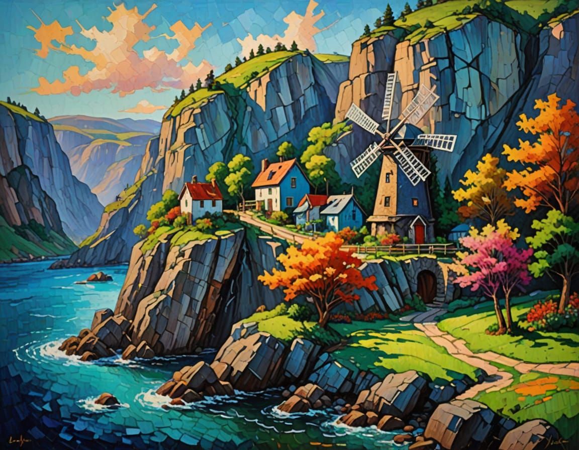 Impasto Village Under Towering Rocky Cliffs