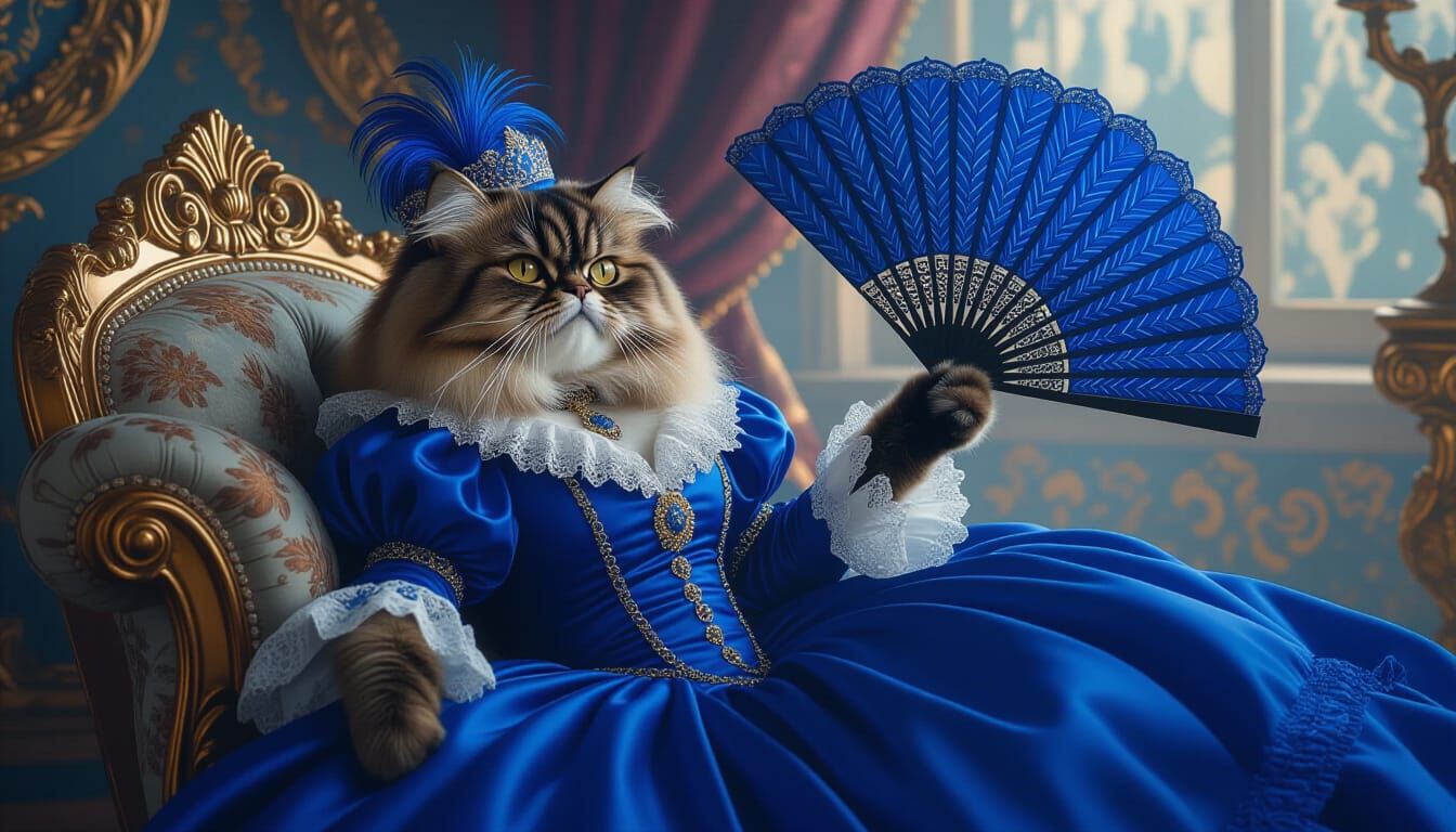 Persian Cat in Royal Blue Victorian Gown
