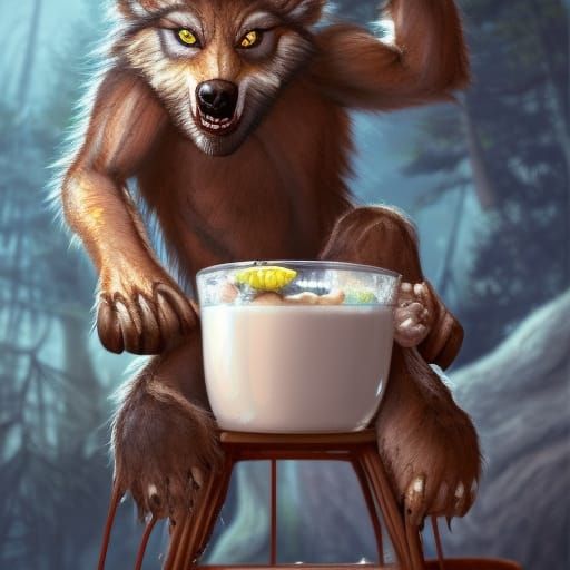 Cute Baby Werewolf Nursing in Highchair, Detailed Painting