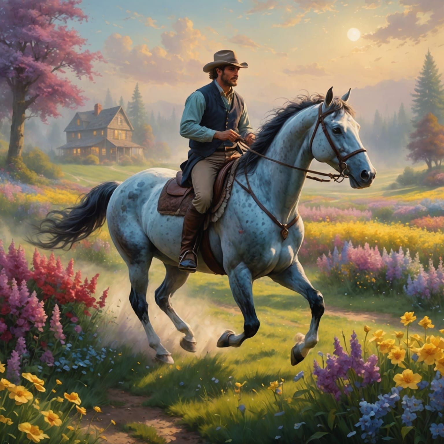 Hyperdetailed Centaur Galloping Through Flower Field