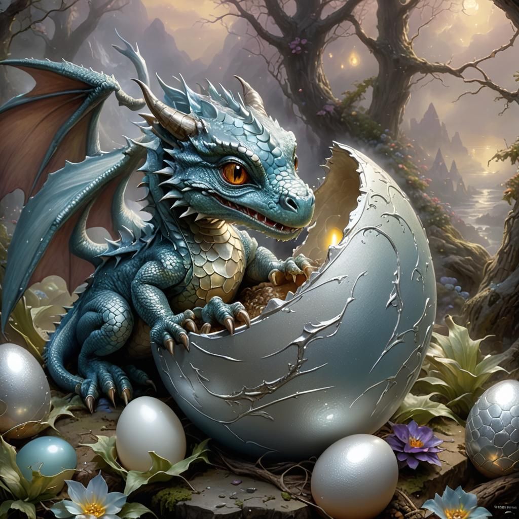Baby Dragon Hatching From Silver Egg