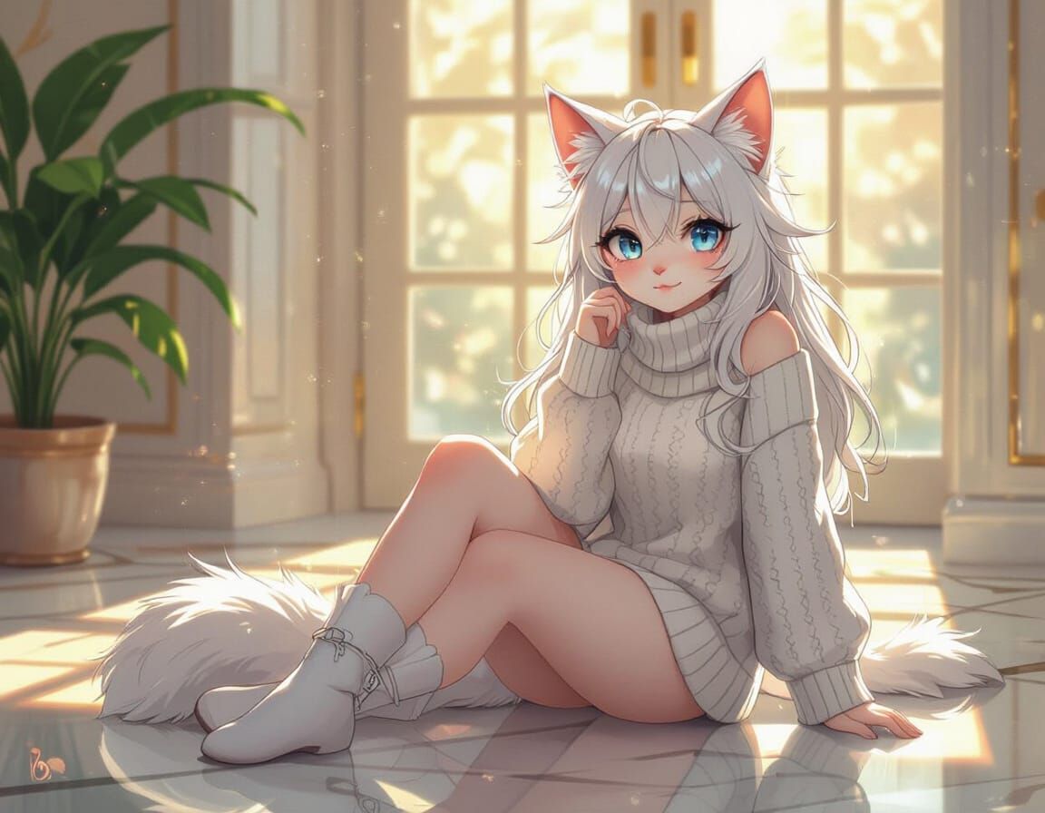 Elegant Furry Catgirl in Sunny Room, Digital Painting