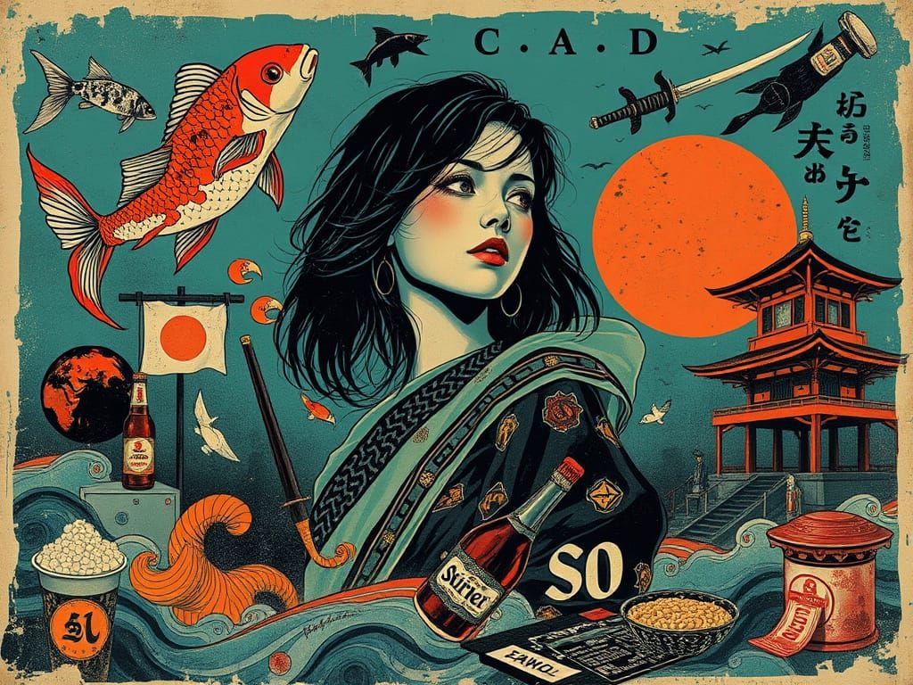 Japanese Woman in Surreal Noir Scene as Vintage Poster