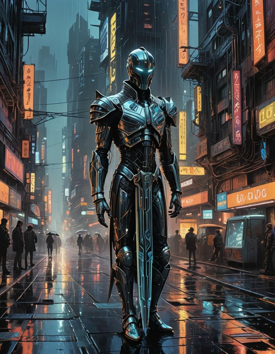 Gleaming Metallic Dagger in Dystopian Metropolis