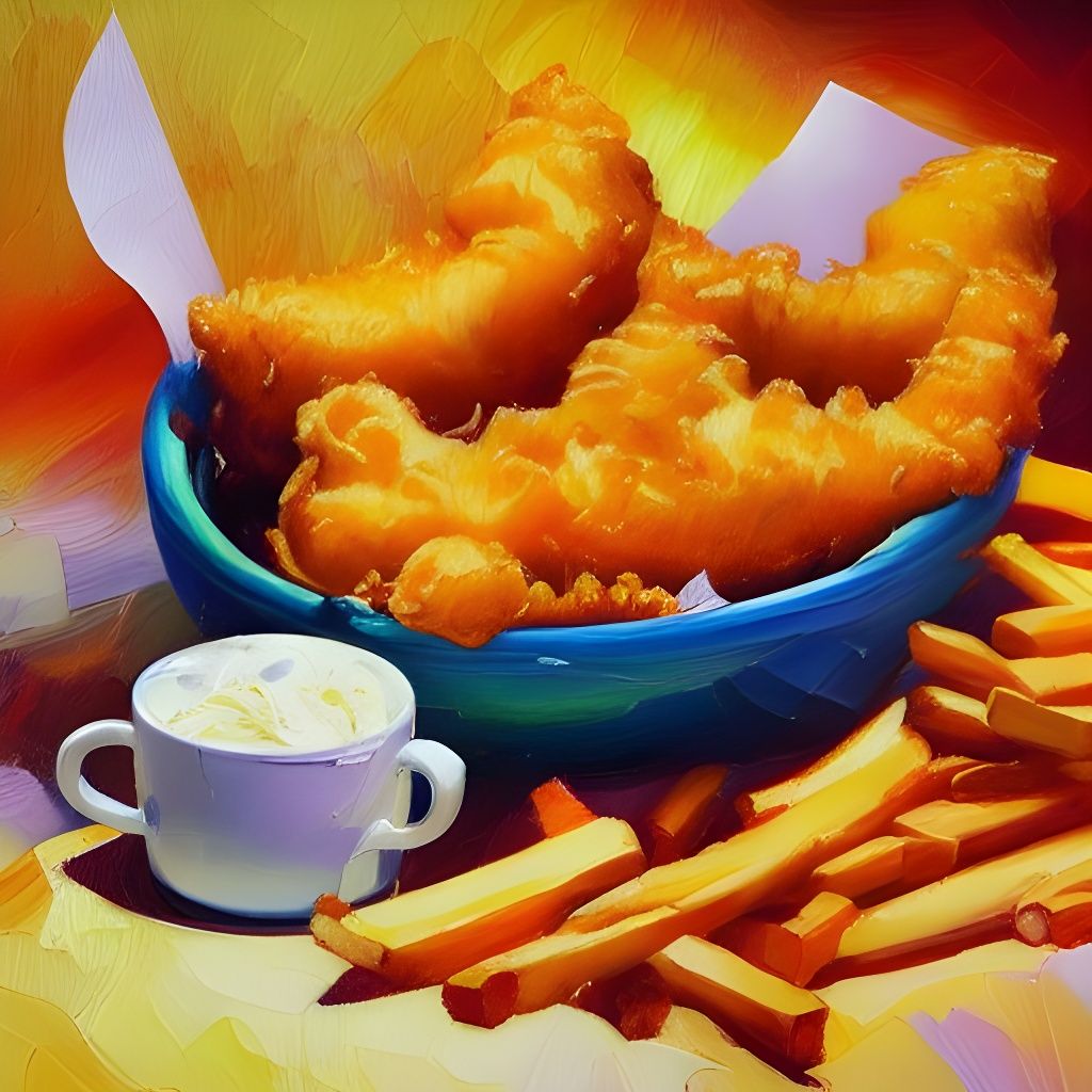 Fish and Chips Oil Painting with Vivid Textures