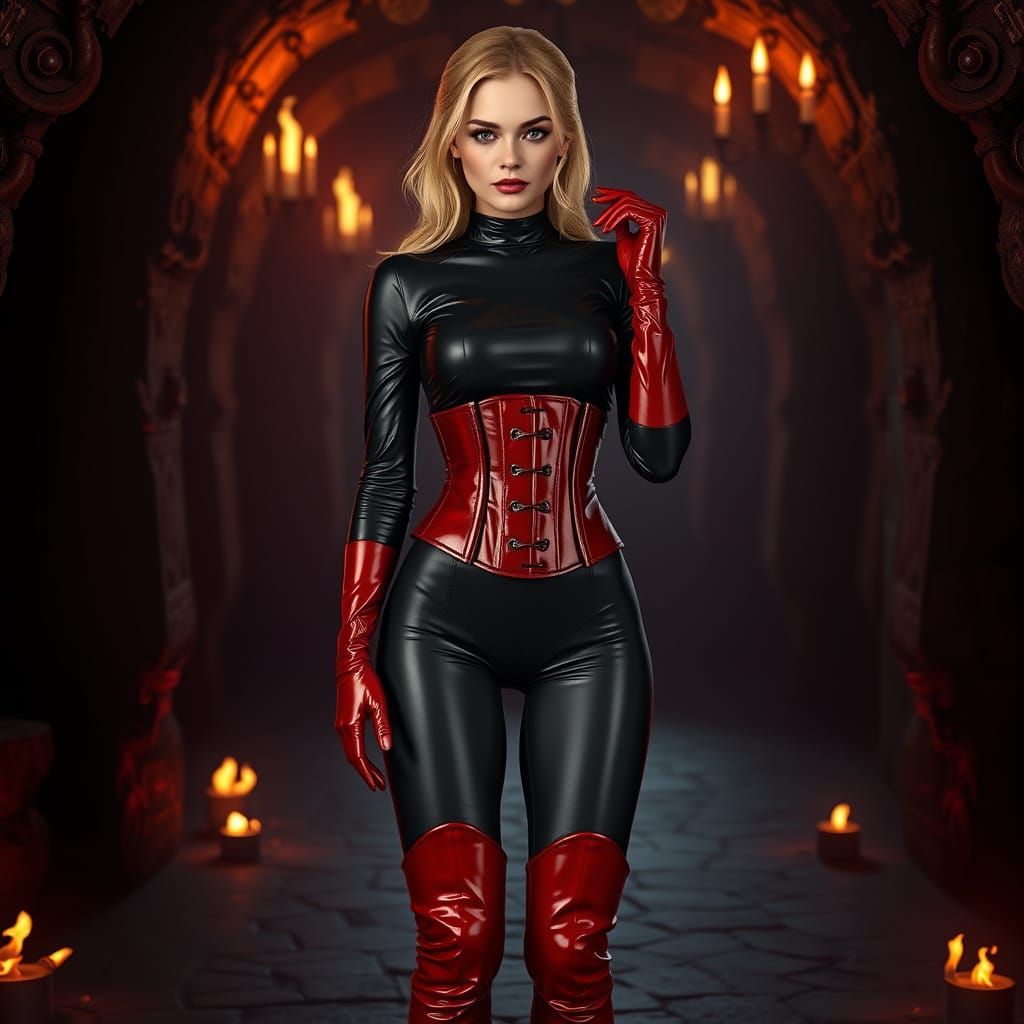 Gothic Goddess in Shimmering Black Latex and Red Leather