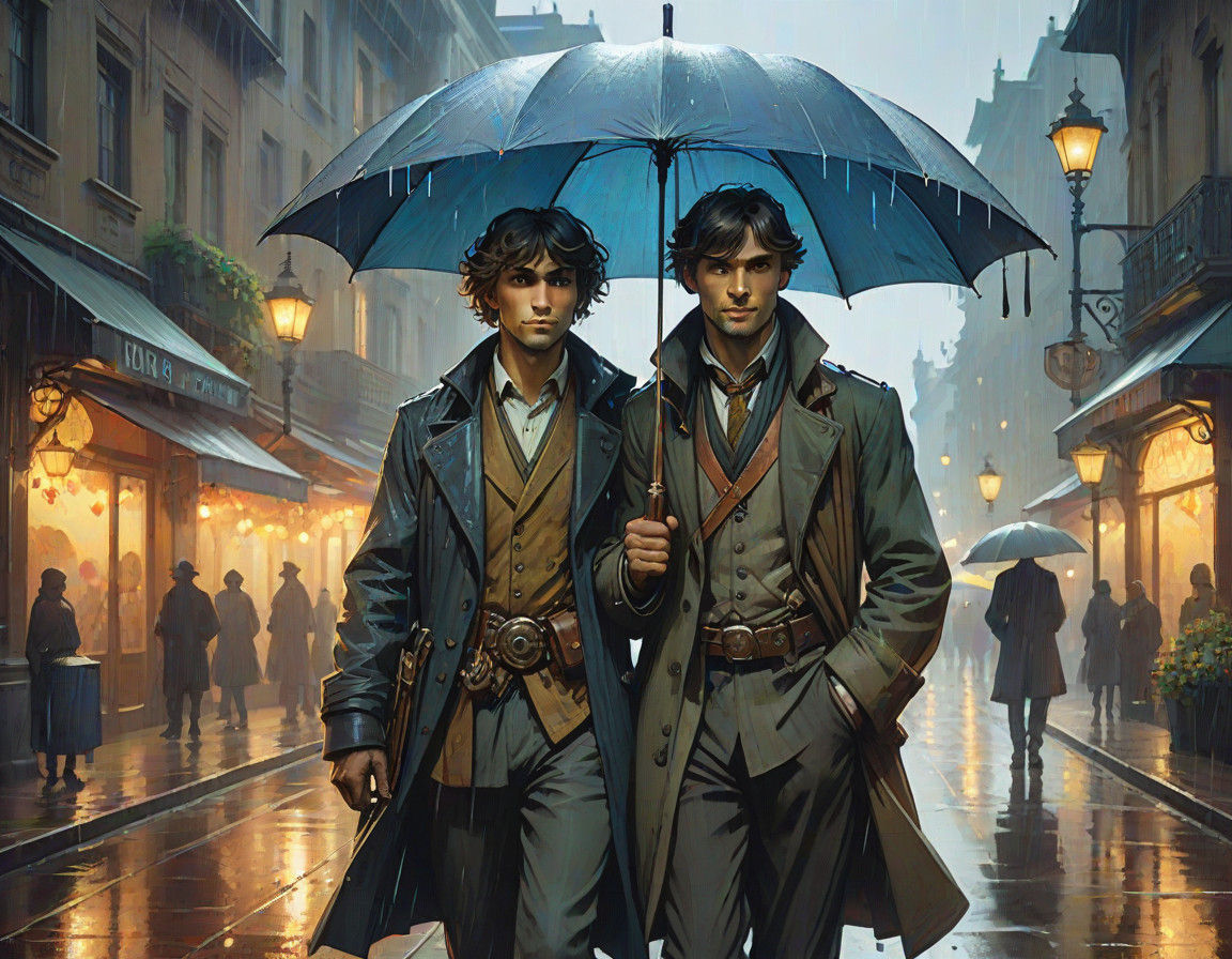 A Man and Woman's Whimsical Stroll in the Rainy City, Dark F...