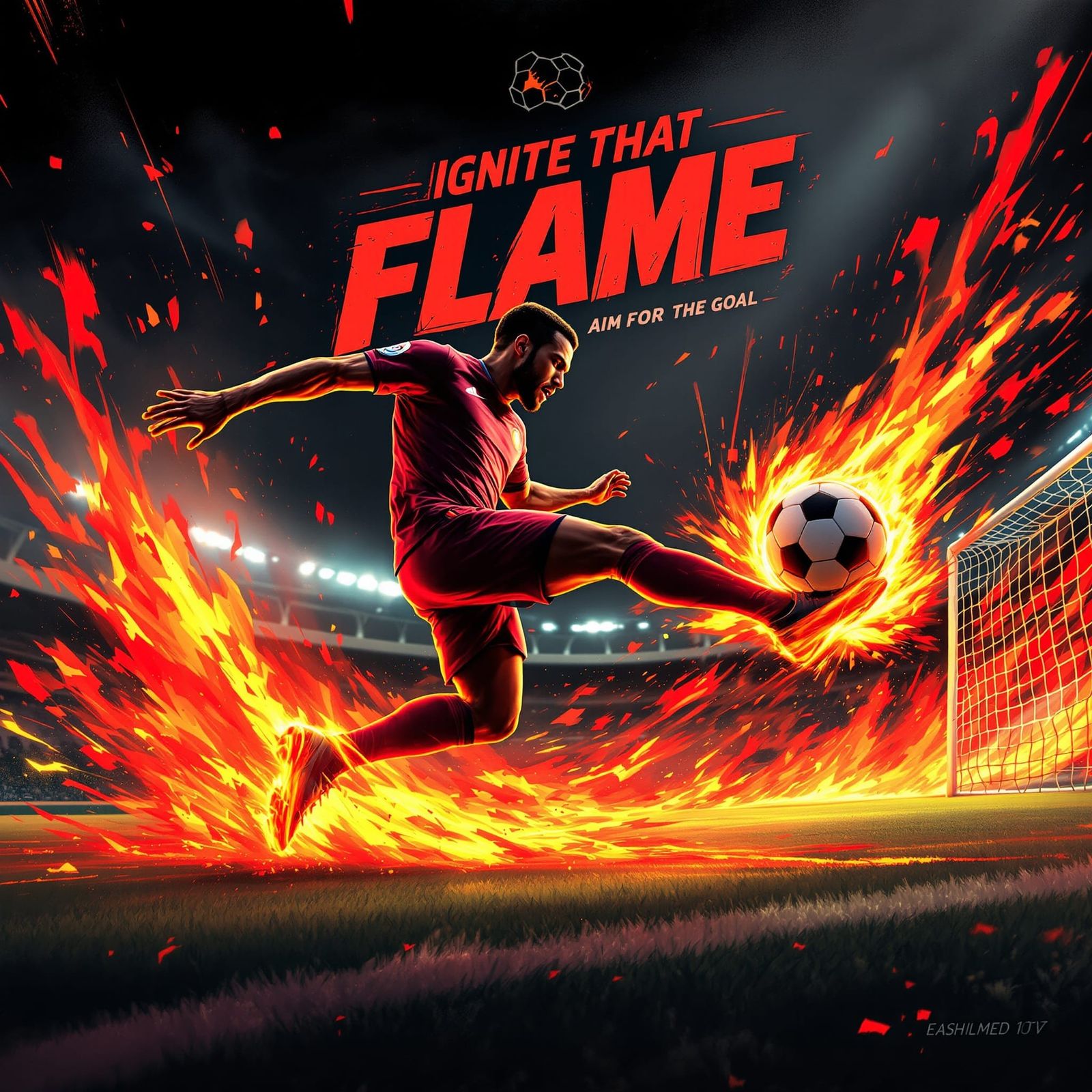 Dynamic Soccer Kick with Flaming Ball, Futuristic Style