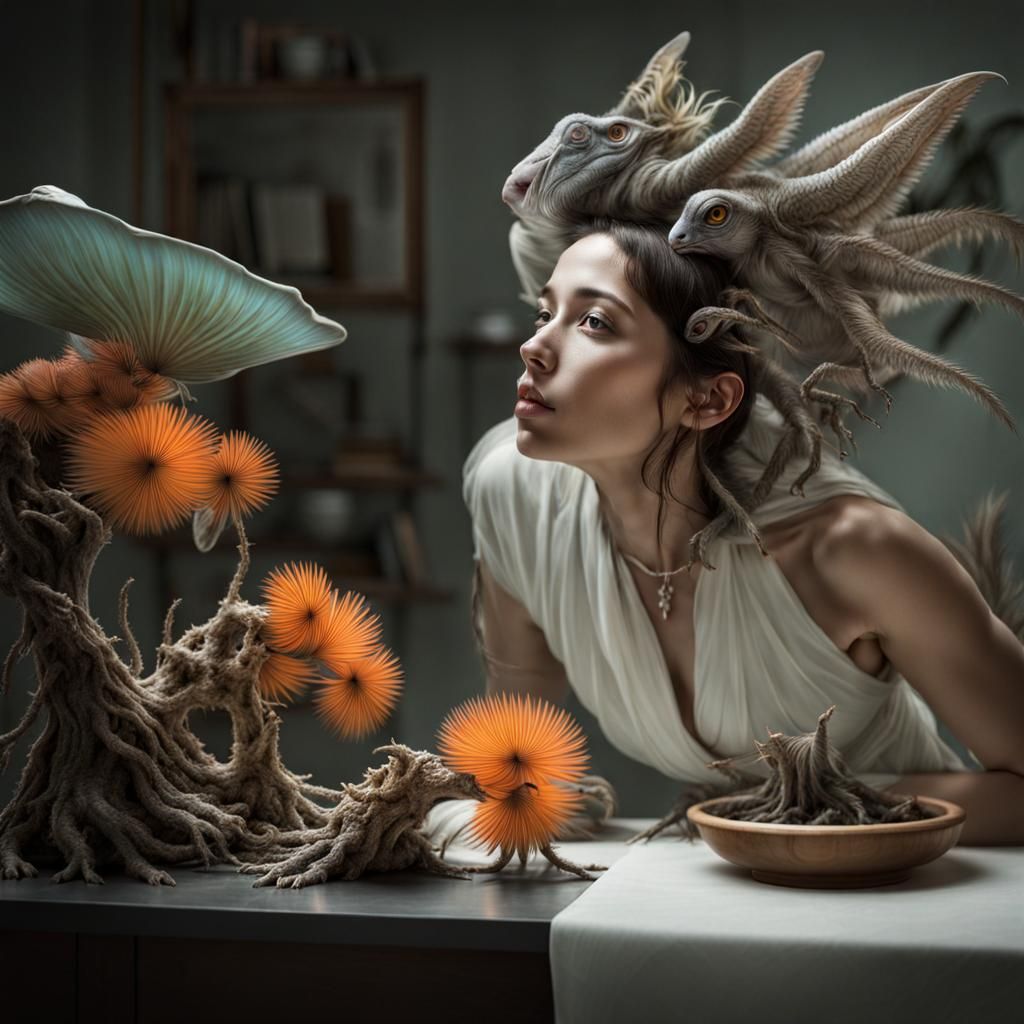 Surreal Portrait in White Lab, Photorealistic Bizarre Art