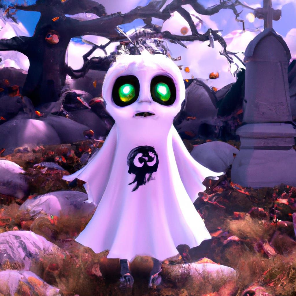 Adorable Chibi Ghost in Halloween Graveyard