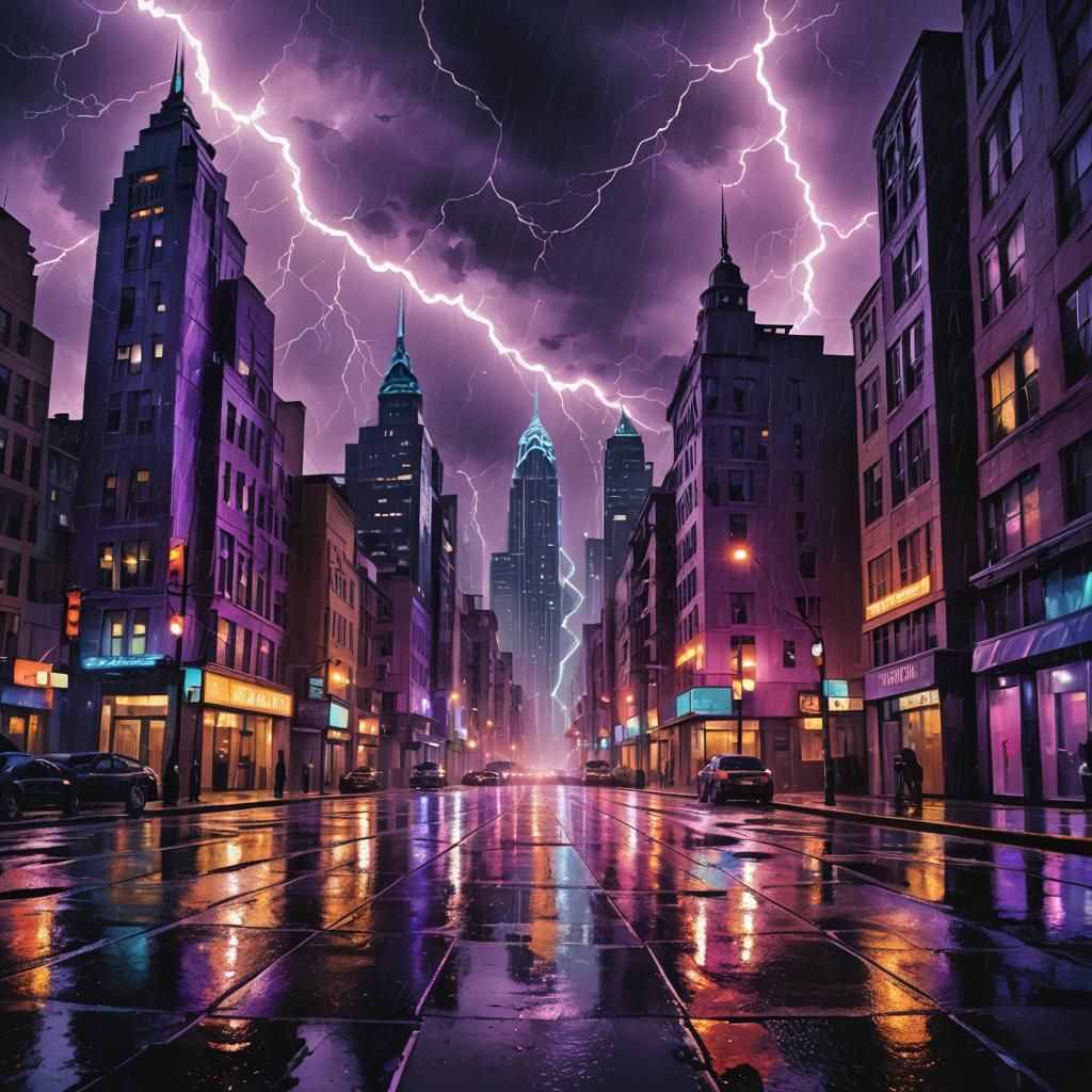 Surreal Stormy Cityscape with Geometric Buildings