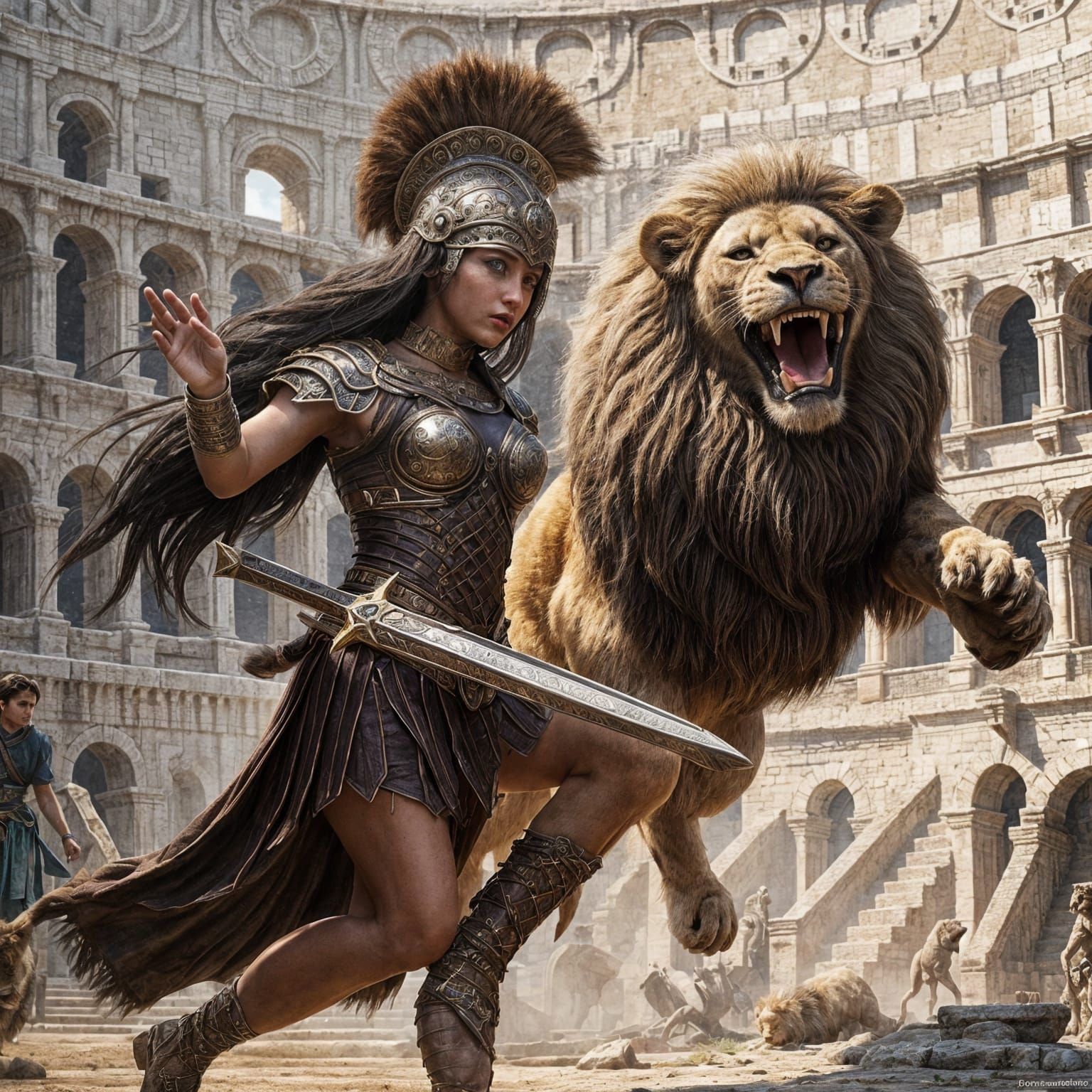 Hyperrealistic Gladiator Beast Master Fighting a Lion