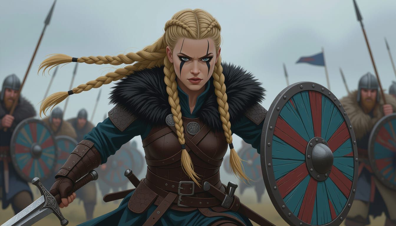 Viking Shield Maiden Charging in Semi-Anime Style
