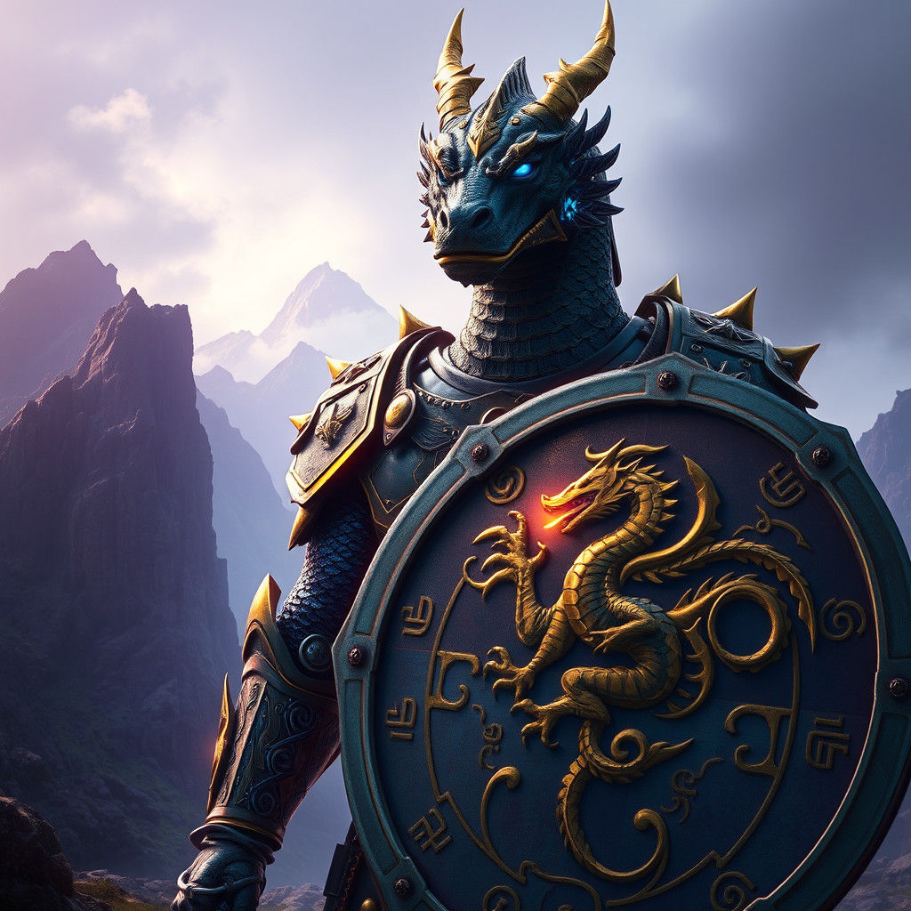 Dragonborn Fighter in Sapphire Armor with Dragon Shield