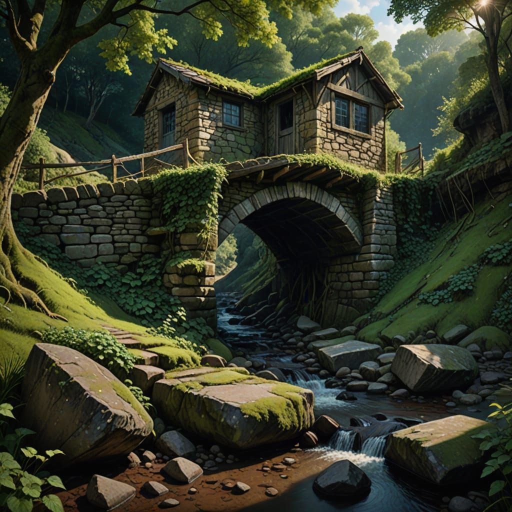 Ancient Stone Bridge Over Stream in Pre-Raphaelite Style