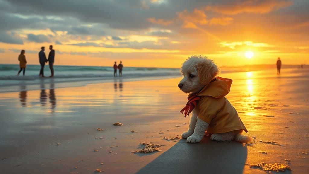 Sad Puppy Waits on Beach in Whimsical Style
