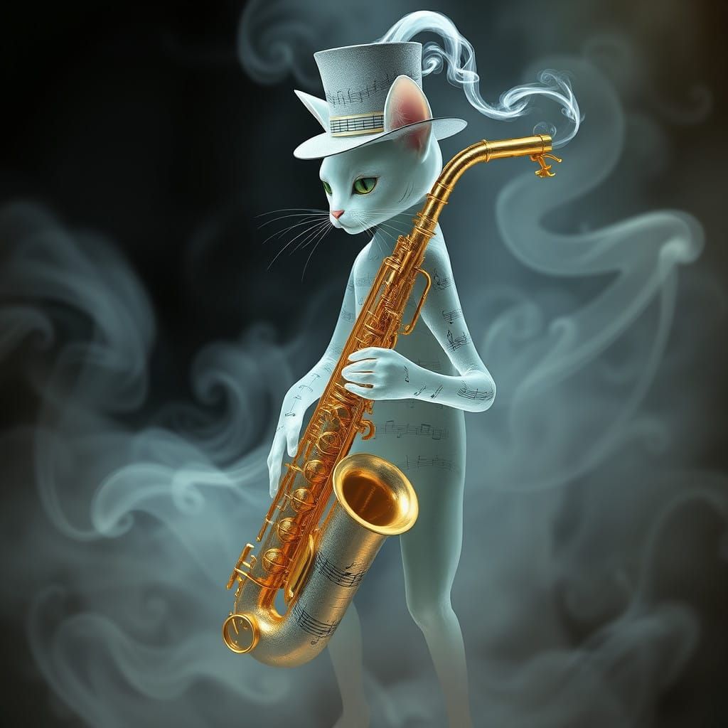 Surreal, Ghostly Feline Saxophonist in Dreamy Atmosphere