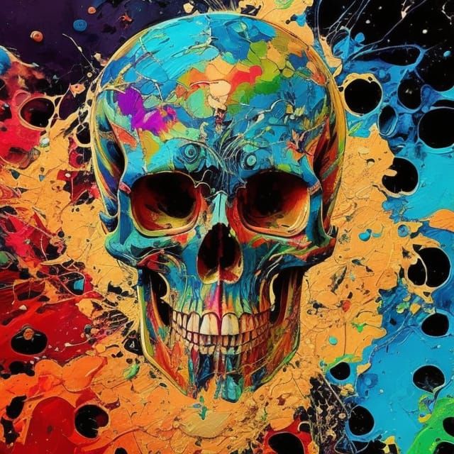Colorful Marbled Skull with Oil Splash Effects
