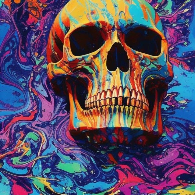 Colorful Skull with Marbling and Oil Splash Effects