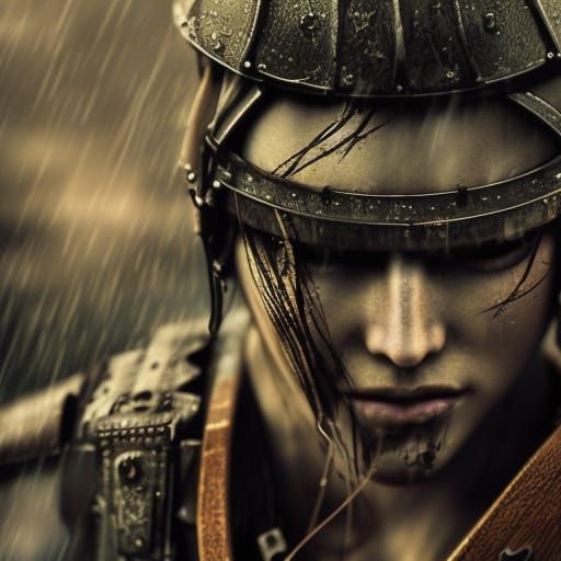 Detailed Warrior Portrait in Rainy Battlefield
