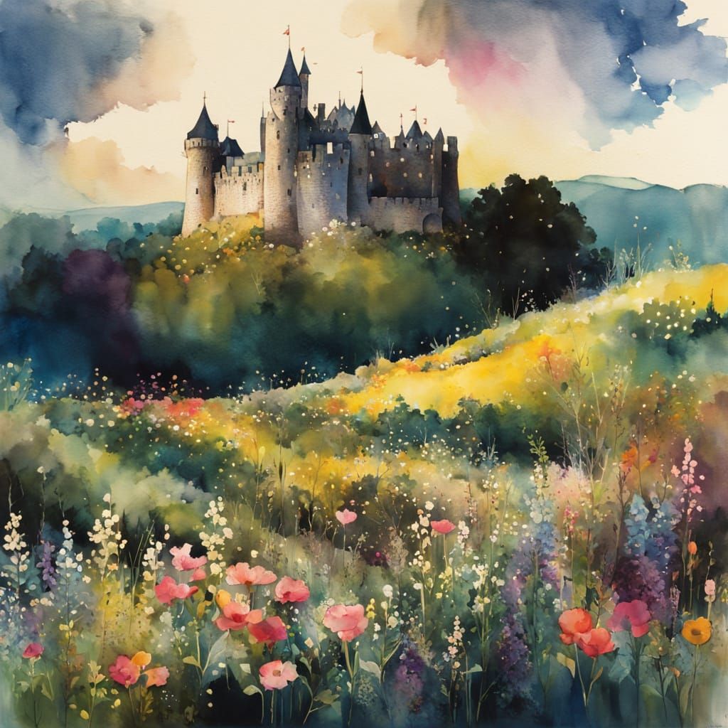 Chiaroscuro Castle with Wildflowers in Watercolor and Ink
